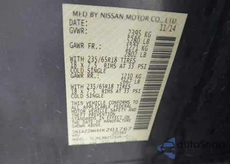 2015 Nissan Murano Sl from USA, damaged, VIN 5N1AZ2MH4FN201767